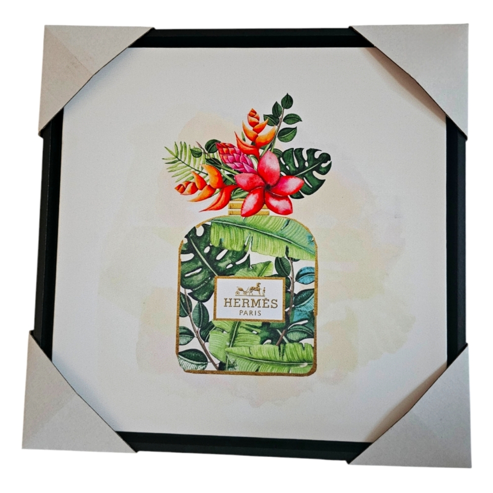 Hermes Perfume Bottle & Flowers Canvas Wall Decor 12x12 New